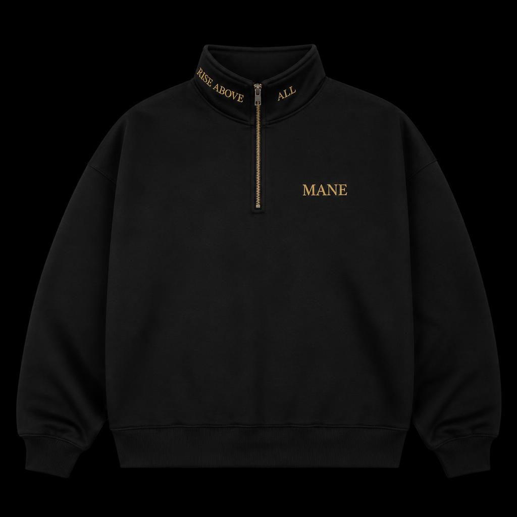 MANE matte black premium quarter zip with gold embroidered collar