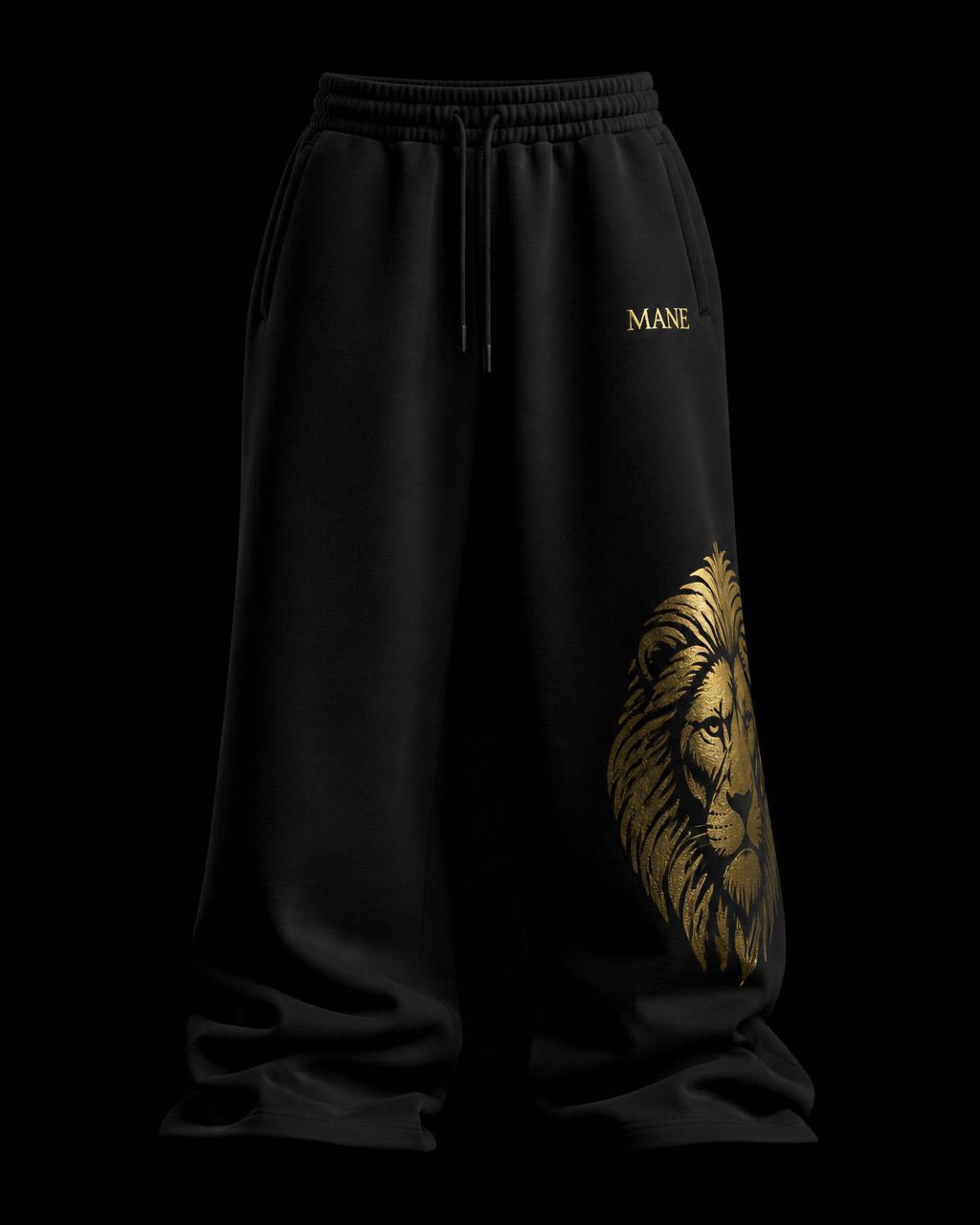 MANE open-leg baggy sweatpants with gold lion print